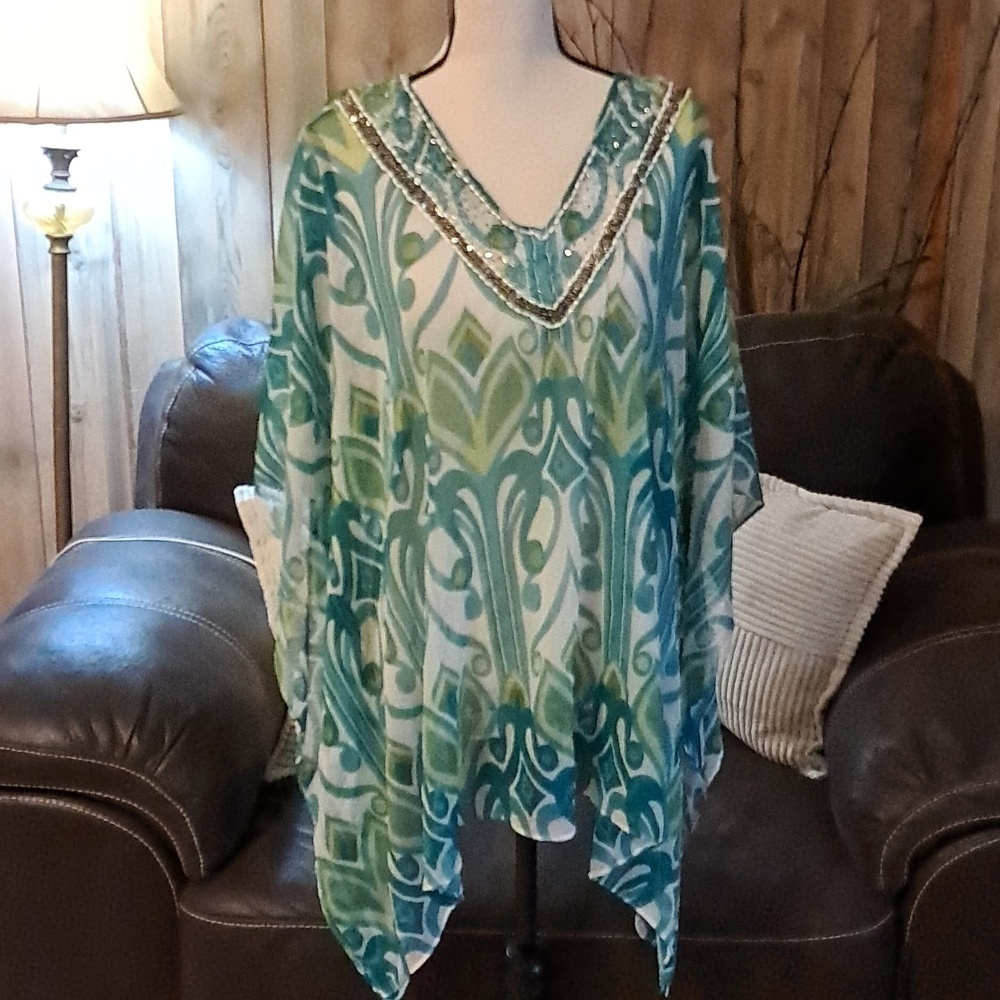 Chico's Sheer Beaded Poncho White Blue Green Print Top Kimono Size L/XL